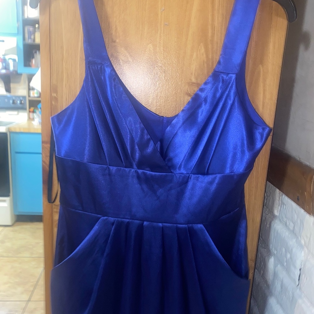 Blue silky dress short with pockets